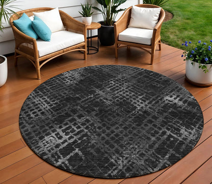 8' Charcoal Gray And Silver Round Geometric Washable Indoor Outdoor Area Rug