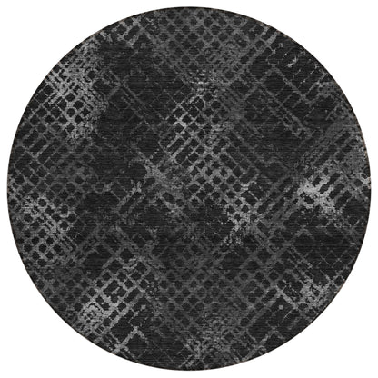 8' Charcoal Gray And Silver Round Geometric Washable Indoor Outdoor Area Rug