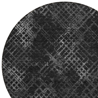 8' Charcoal Gray And Silver Round Geometric Washable Indoor Outdoor Area Rug