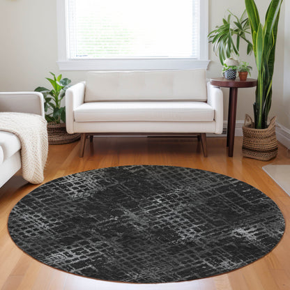 8' Charcoal Gray And Silver Round Geometric Washable Indoor Outdoor Area Rug