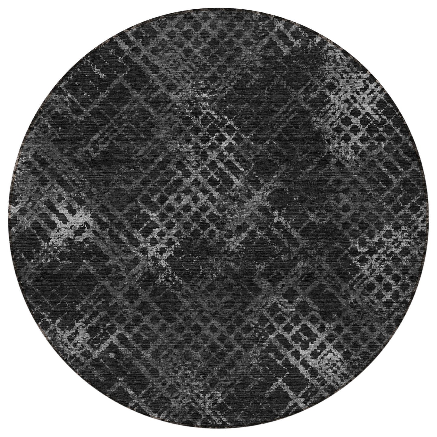 8' Charcoal Gray And Silver Round Geometric Washable Indoor Outdoor Area Rug