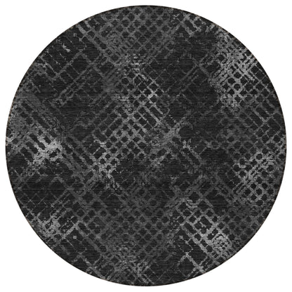 8' Charcoal Gray And Silver Round Geometric Washable Indoor Outdoor Area Rug