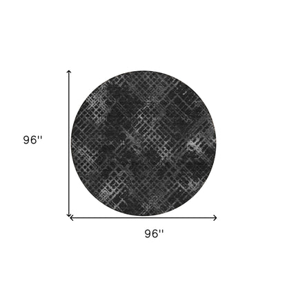 8' Charcoal Gray And Silver Round Geometric Washable Indoor Outdoor Area Rug