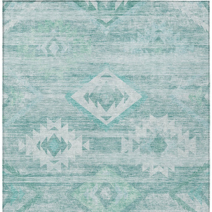 9' X 12' Aqua Turquoise And Ivory Southwestern Washable Indoor Outdoor Area Rug