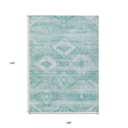 9' X 12' Aqua Turquoise And Ivory Southwestern Washable Indoor Outdoor Area Rug