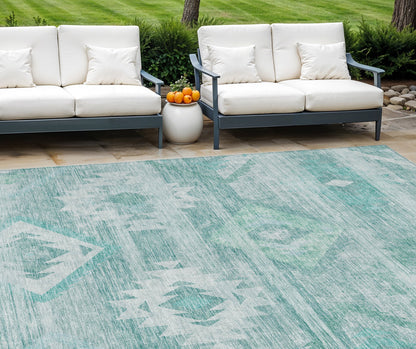 9' X 12' Aqua Turquoise And Ivory Southwestern Washable Indoor Outdoor Area Rug