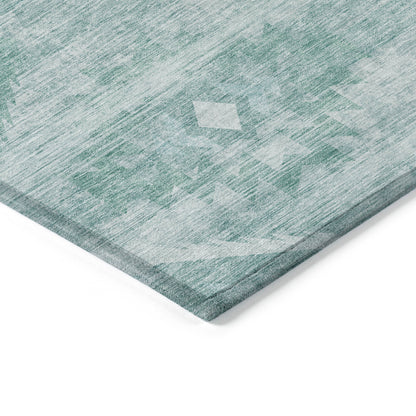 9' X 12' Aqua Turquoise And Ivory Southwestern Washable Indoor Outdoor Area Rug
