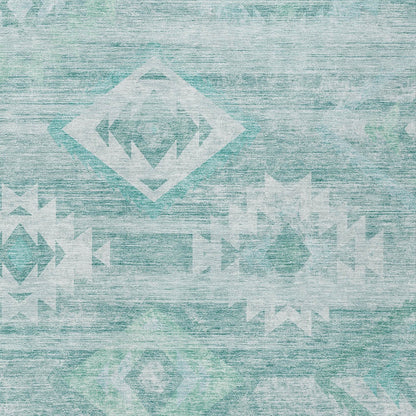 9' X 12' Aqua Turquoise And Ivory Southwestern Washable Indoor Outdoor Area Rug