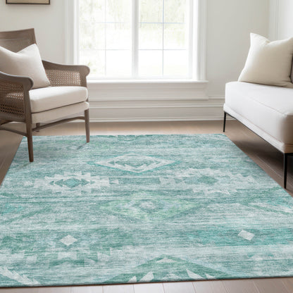 9' X 12' Aqua Turquoise And Ivory Southwestern Washable Indoor Outdoor Area Rug