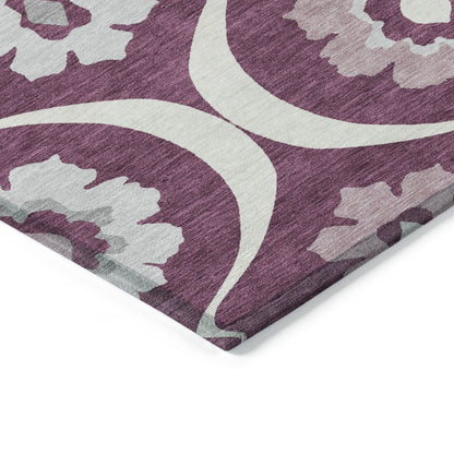 3' X 5' Eggplant Ivory And Gray Medallion Washable Indoor Outdoor Area Rug