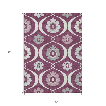 5' X 8' Eggplant Ivory And Gray Medallion Washable Indoor Outdoor Area Rug