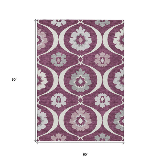 5' X 8' Eggplant Ivory And Gray Medallion Washable Indoor Outdoor Area Rug