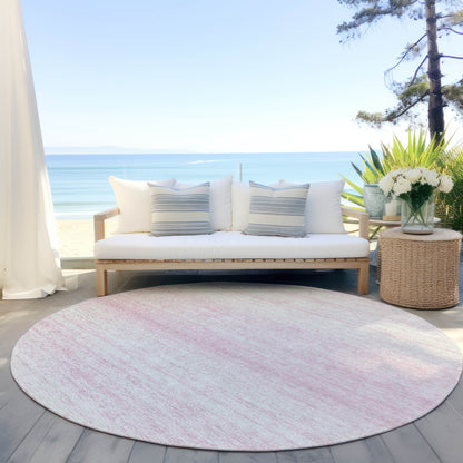 8' Pink And Ivory Round Striped Washable Indoor Outdoor Area Rug
