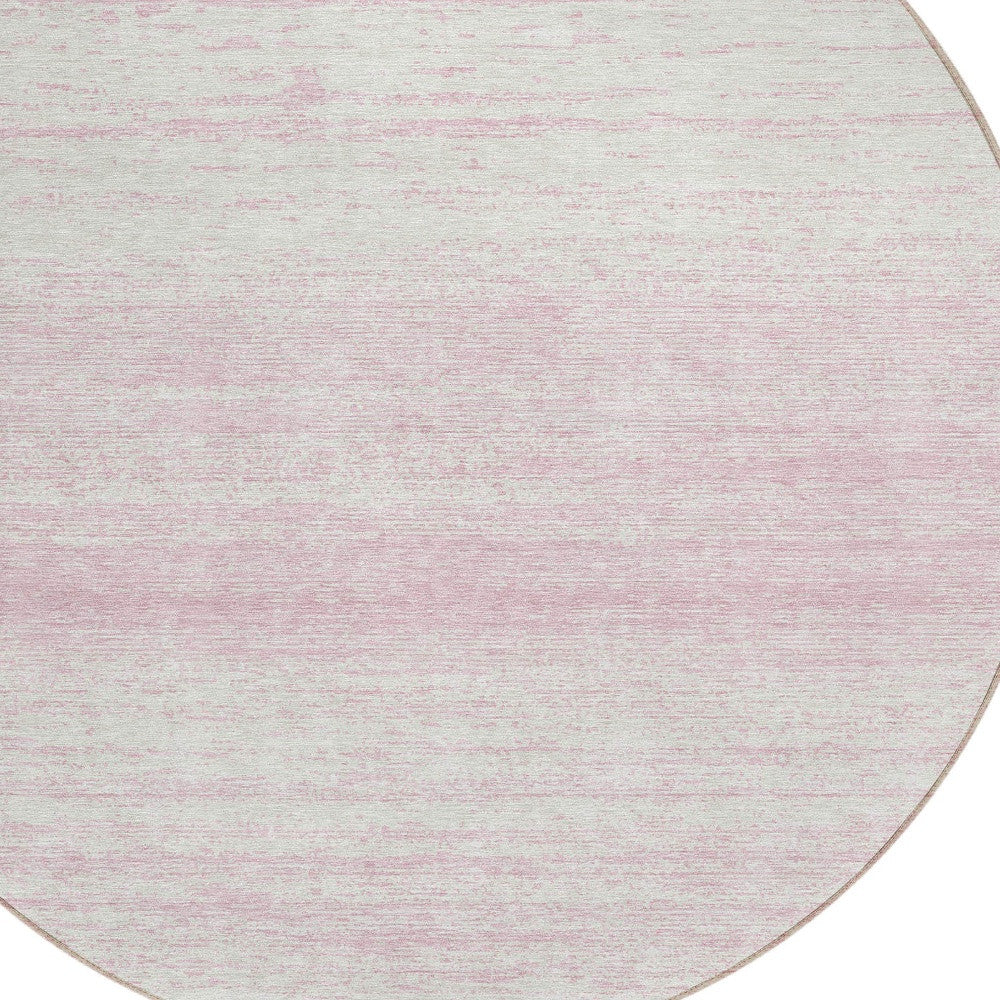 8' Pink And Ivory Round Striped Washable Indoor Outdoor Area Rug