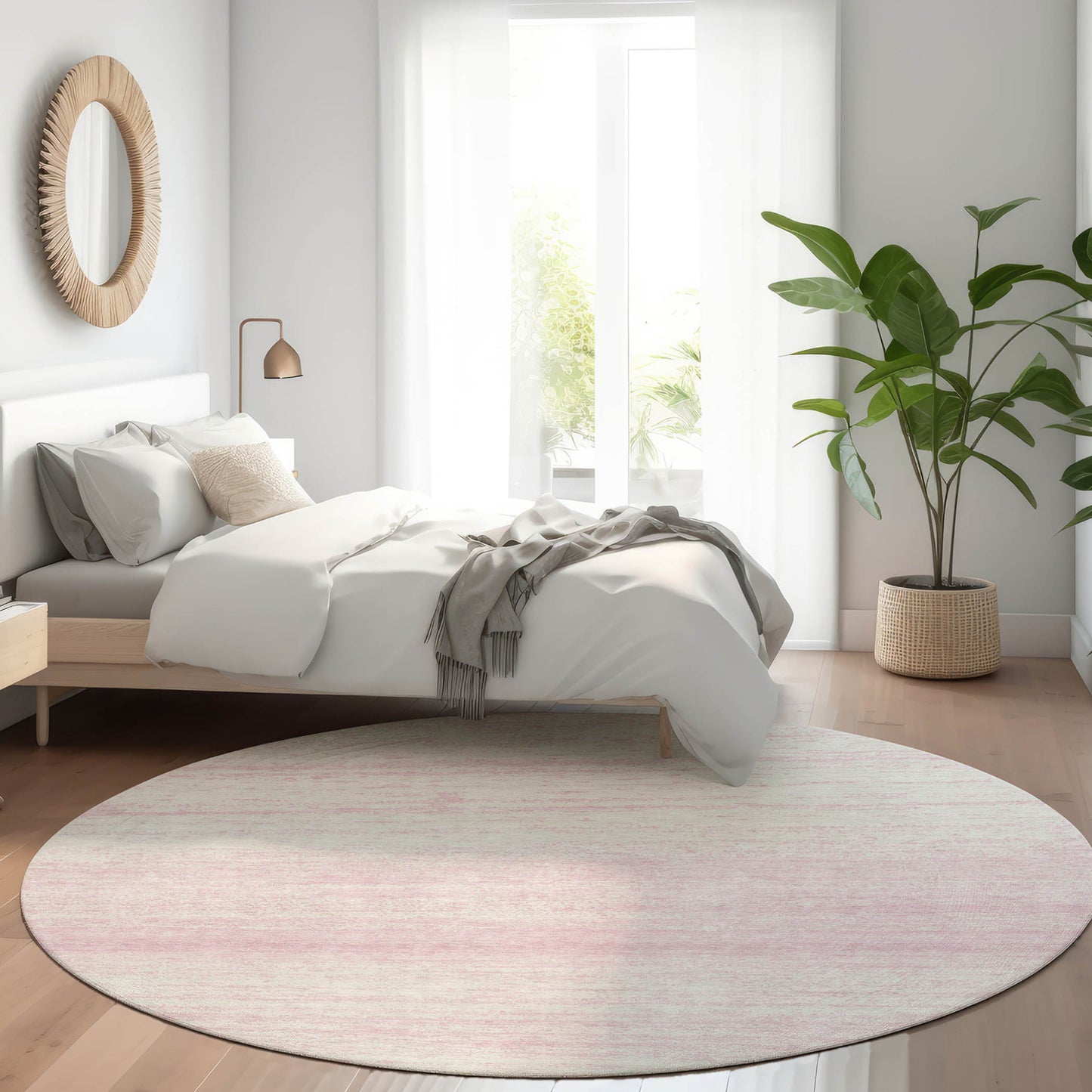 8' Pink And Ivory Round Striped Washable Indoor Outdoor Area Rug