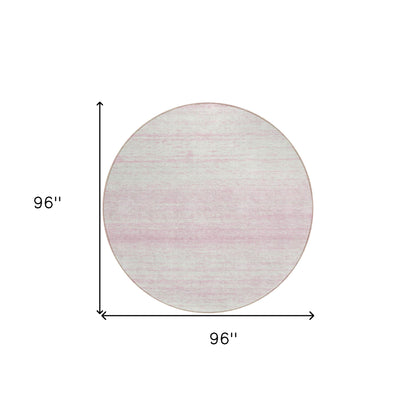 8' Pink And Ivory Round Striped Washable Indoor Outdoor Area Rug