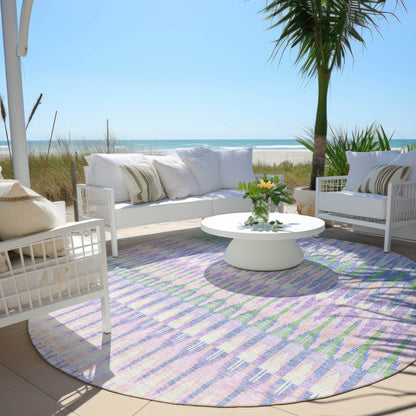 8' Lavender Pink And Lime Green Round Southwestern Washable Indoor Outdoor Area Rug