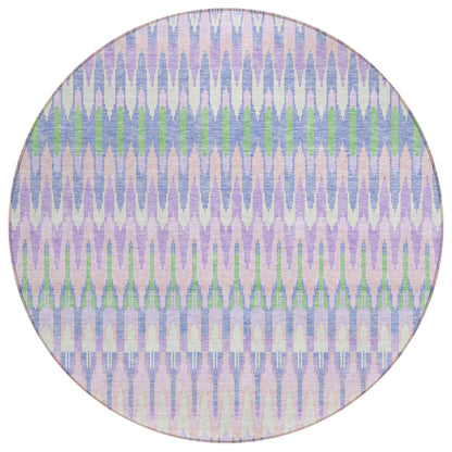 8' Lavender Pink And Lime Green Round Southwestern Washable Indoor Outdoor Area Rug