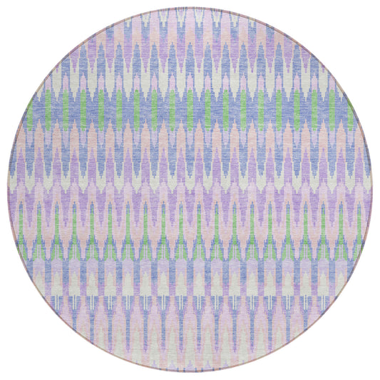 8' Lavender Pink And Lime Green Round Southwestern Washable Indoor Outdoor Area Rug