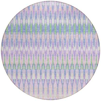 8' Lavender Pink And Lime Green Round Southwestern Washable Indoor Outdoor Area Rug
