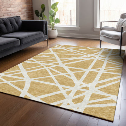10' X 14' Gold And Ivory Geometric Washable Indoor Outdoor Area Rug