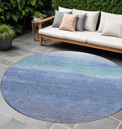8' Blue Teal Blue And Sky Blue Round Abstract Washable Indoor Outdoor Area Rug
