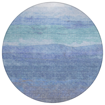 8' Blue Teal Blue And Sky Blue Round Abstract Washable Indoor Outdoor Area Rug