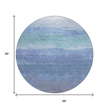 8' Blue Teal Blue And Sky Blue Round Abstract Washable Indoor Outdoor Area Rug