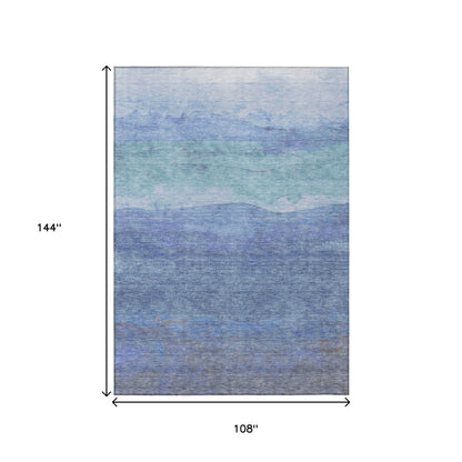 9' X 12' Blue Teal Blue And Sky Blue Abstract Washable Indoor Outdoor Area Rug