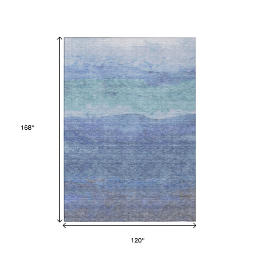 10' X 14' Blue Teal Blue And Sky Blue Abstract Washable Indoor Outdoor Area Rug