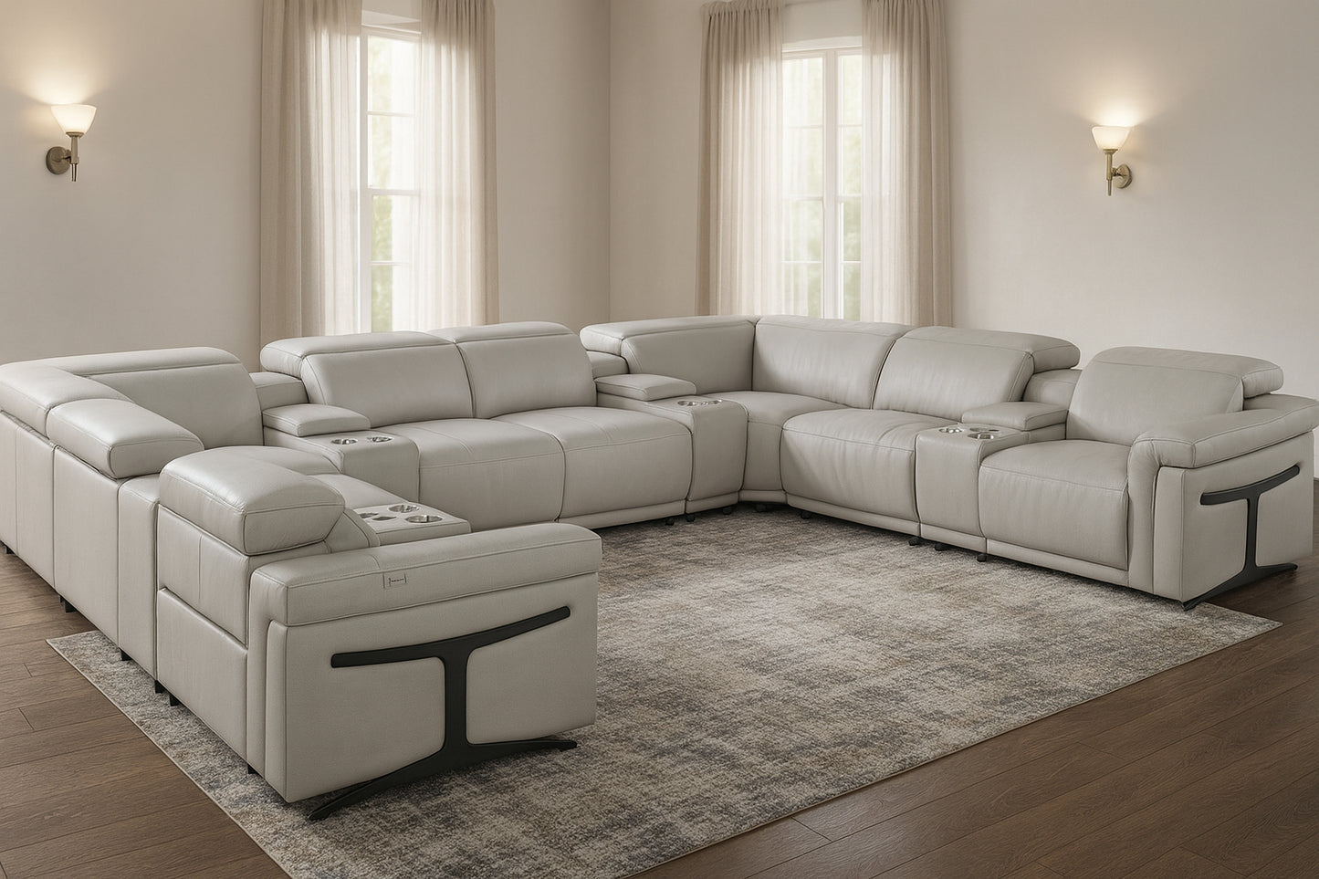 Light Gray Italian Leather Power Reclining U Shaped Twelve Piece Sectional With Console