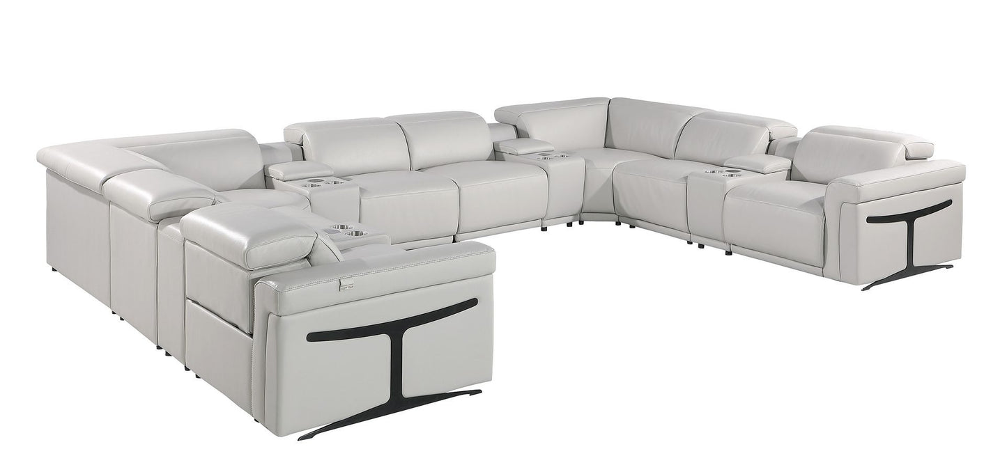 Light Gray Italian Leather Power Reclining U Shaped Twelve Piece Sectional With Console