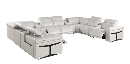 Light Gray Italian Leather Power Reclining U Shaped Twelve Piece Sectional With Console