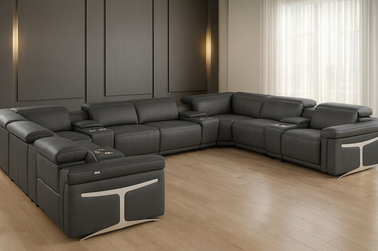 Dark Gray Italian Leather Power Reclining U Shaped Twelve Piece Sectional With Console