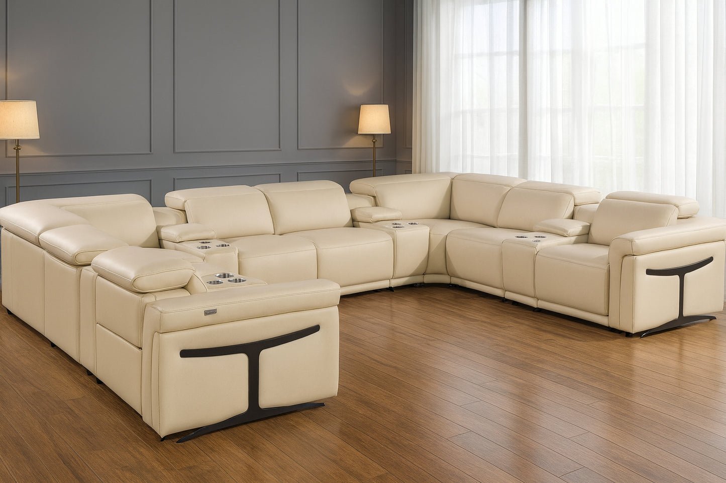 Beige Italian Leather Power Reclining U Shaped Twelve Piece Sectional With Console