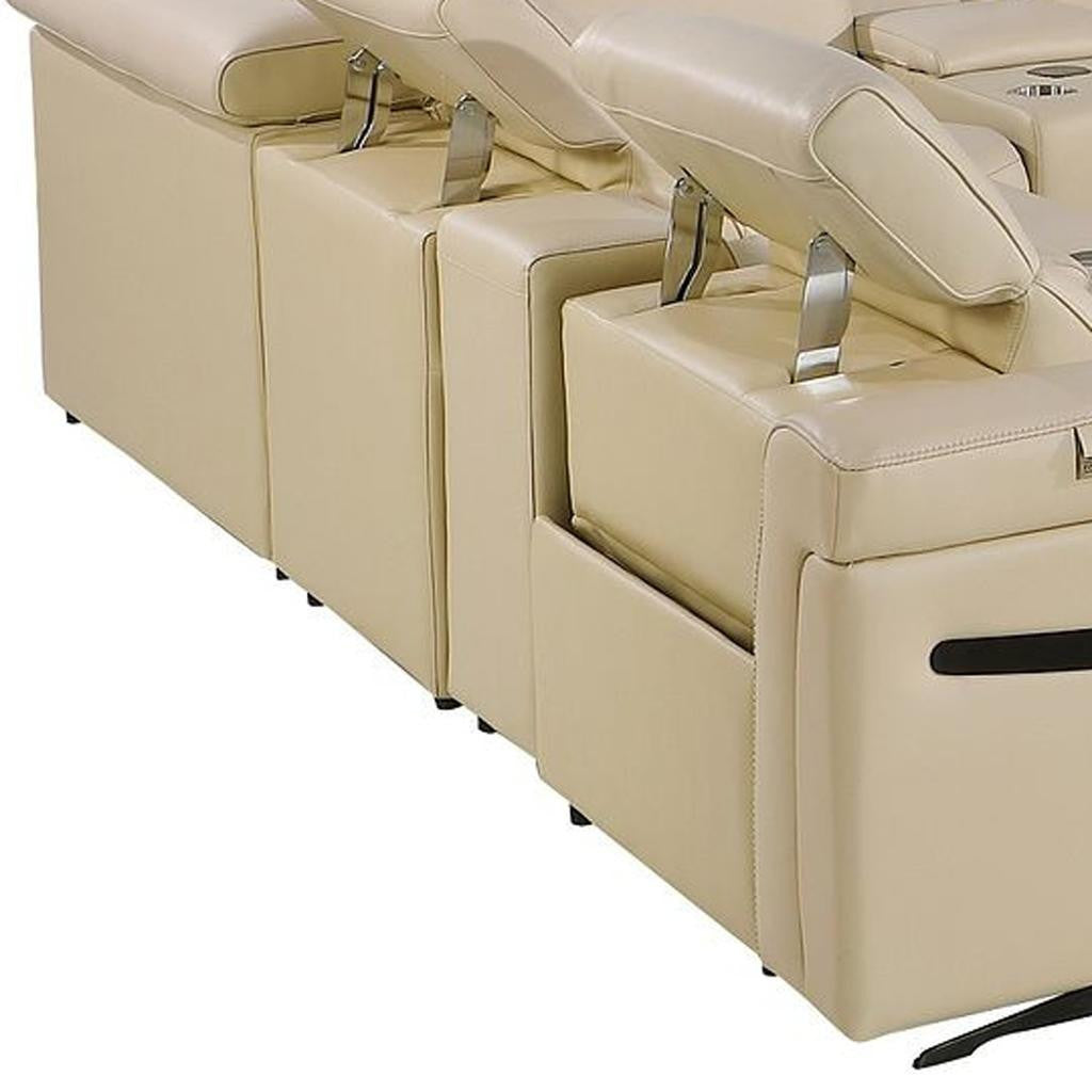 Beige Italian Leather Power Reclining U Shaped Twelve Piece Sectional With Console