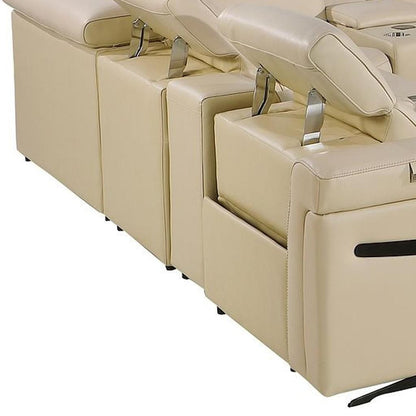 Beige Italian Leather Power Reclining U Shaped Twelve Piece Sectional With Console