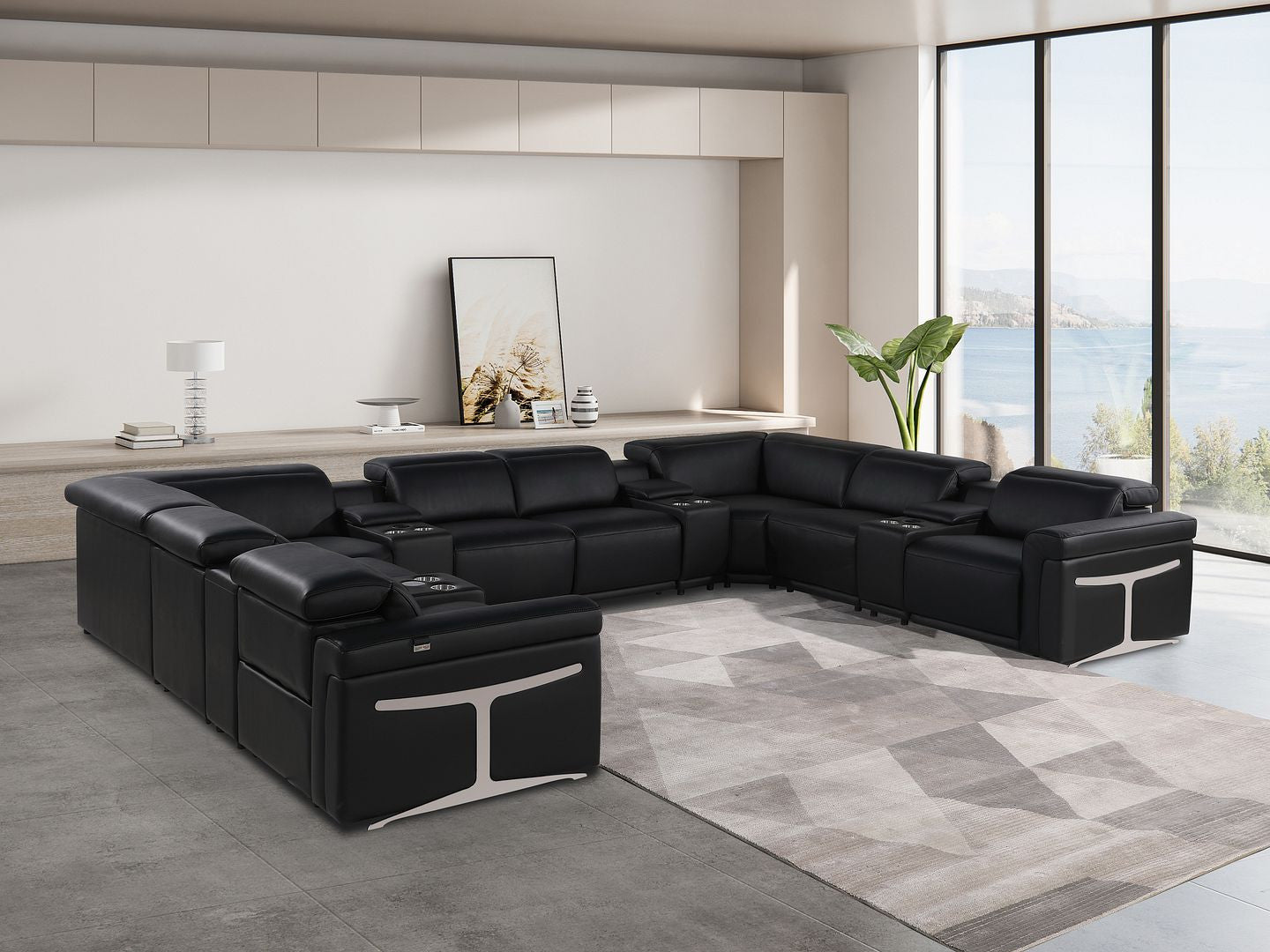 Black Italian Leather Power Reclining U Shaped Twelve Piece Sectional With Console