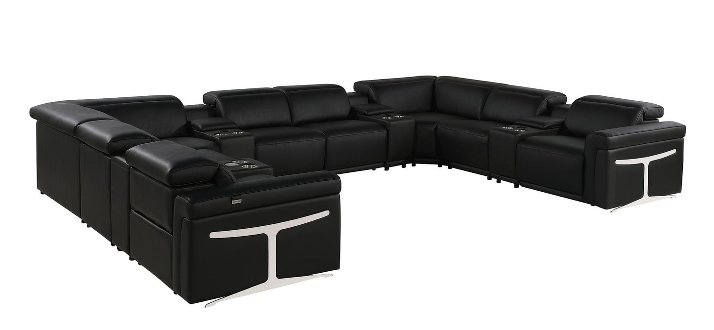 Black Italian Leather Power Reclining U Shaped Twelve Piece Sectional With Console