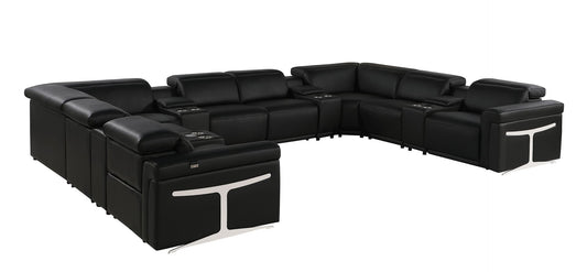 Black Italian Leather Power Reclining U Shaped Twelve Piece Sectional With Console