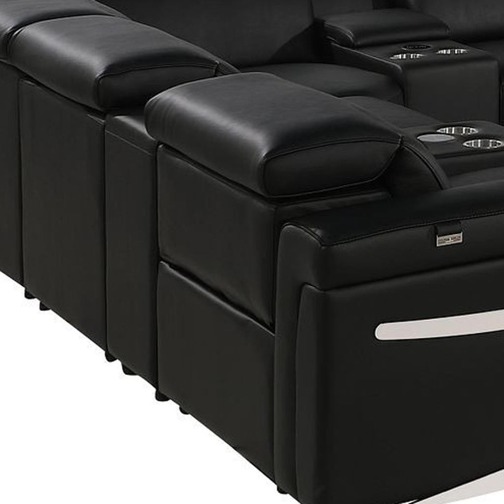 Black Italian Leather Power Reclining U Shaped Twelve Piece Sectional With Console