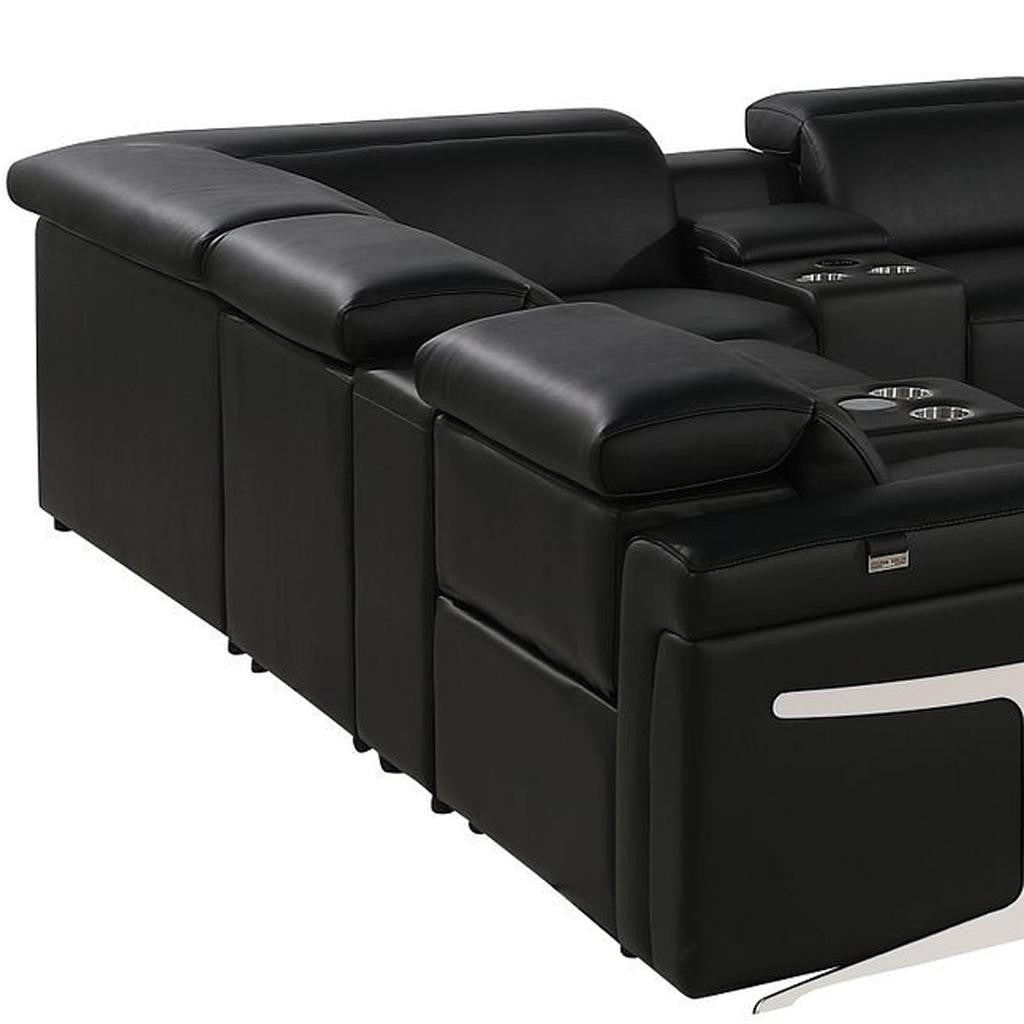 Black Italian Leather Power Reclining U Shaped Twelve Piece Sectional With Console