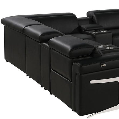 Black Italian Leather Power Reclining U Shaped Twelve Piece Sectional With Console
