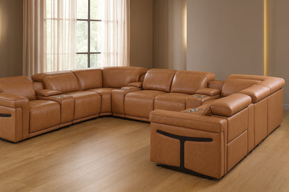 Chestnut Italian Leather Power Reclining U Shaped Twelve Piece Sectional With Console