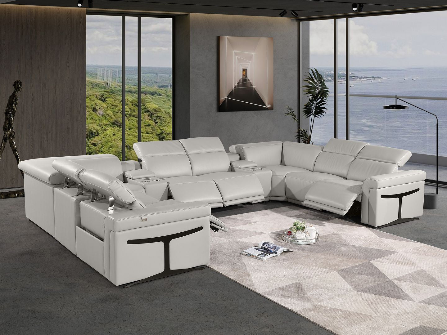 Light Gray Italian Leather Power Reclining U Shaped Ten Piece Corner Sectional With Console