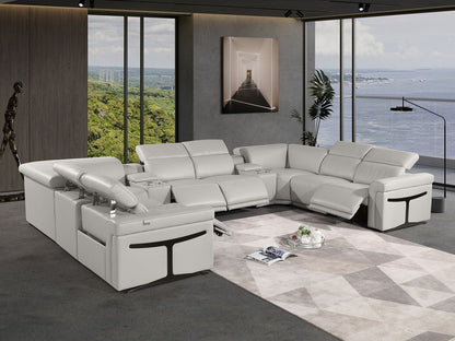 Light Gray Italian Leather Power Reclining U Shaped Ten Piece Corner Sectional With Console