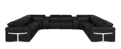 Black Italian Leather Power Reclining U Shaped Ten Piece Corner Sectional With Console