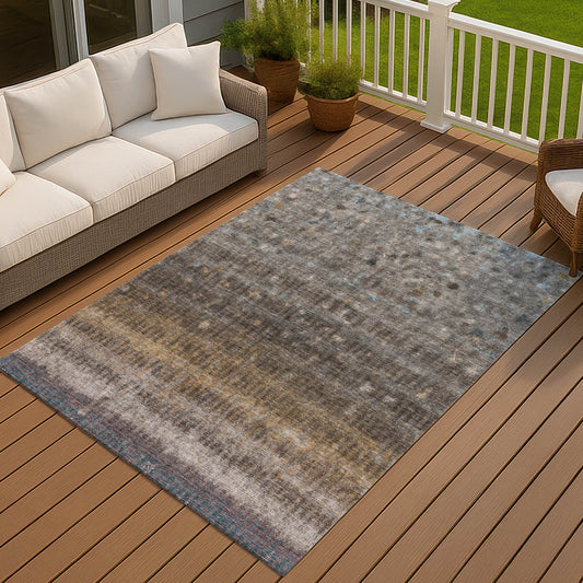 9' X 12' Brown And Beige Striped Washable Indoor Outdoor Area Rug