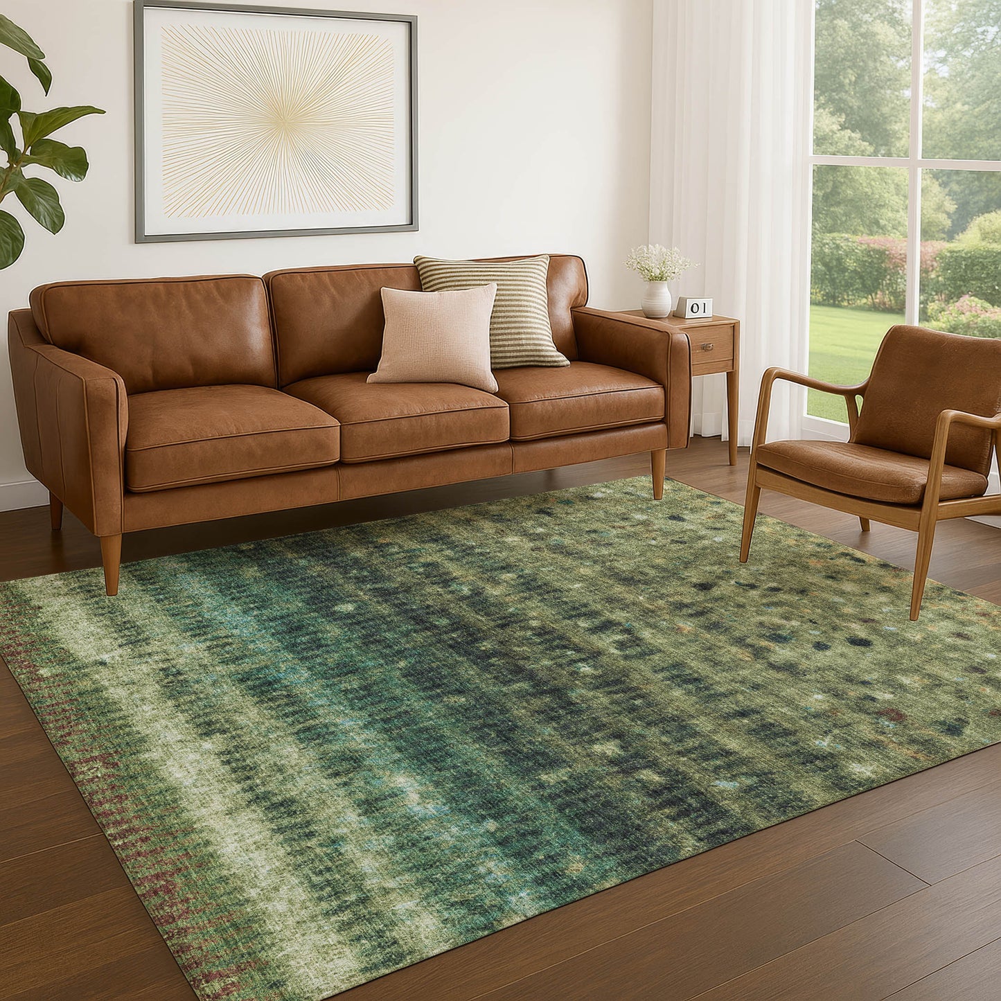 3' X 5' Fern Green And Gray Striped Washable Indoor Outdoor Area Rug