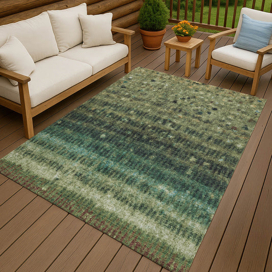 3' X 5' Fern Green And Gray Striped Washable Indoor Outdoor Area Rug